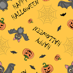 halloween seamless pattern on orange background with bats, pumpkins and cobwebs