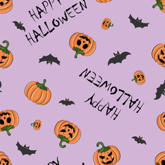 halloween seamless pattern on lilac background with pumpkins and bats