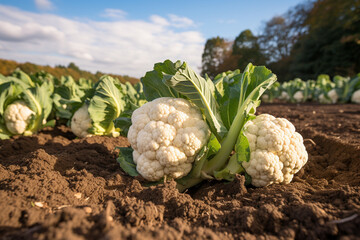 Fresh cauliflower in the farm fields. Organic and ecological food produce and harvest. Generative Ai - obrazy, fototapety, plakaty