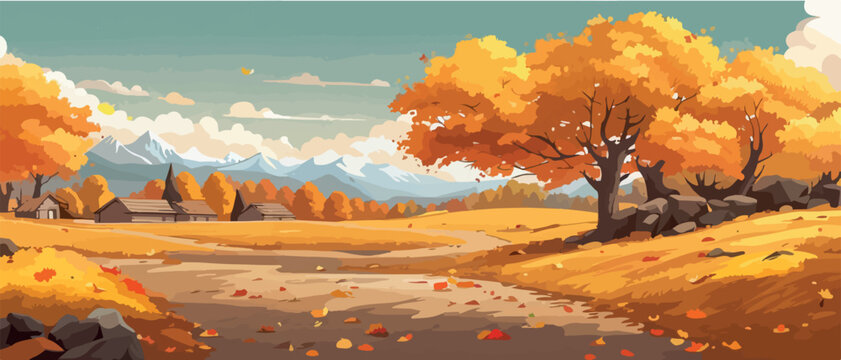Countryside panorama in autumn, vector horizontal banner of autumn landscape mountains and maple trees fallen with yellow foliage. simple vector