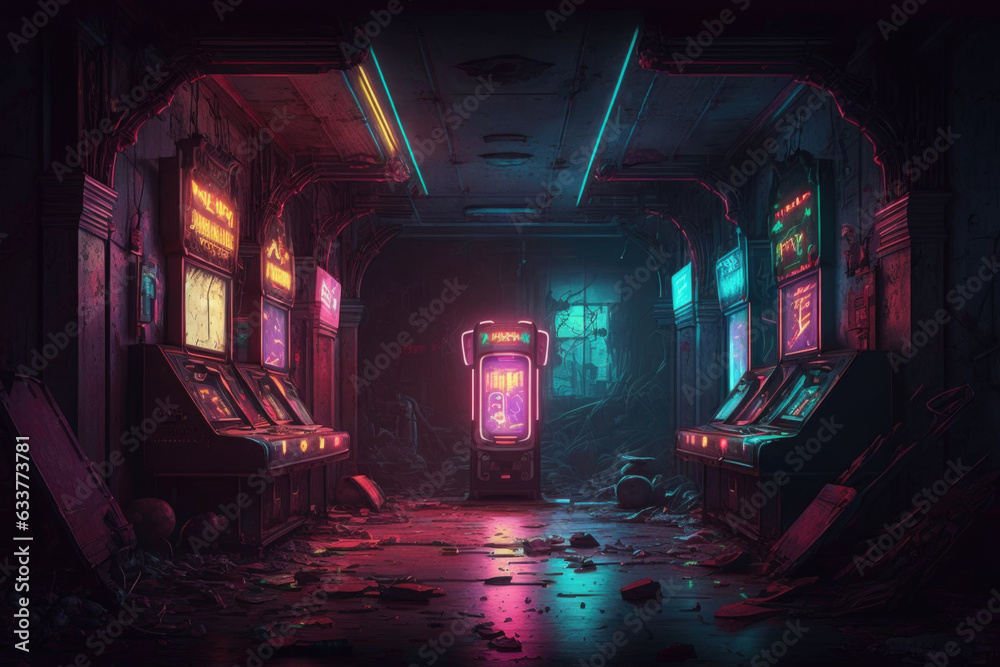 Wall mural a deserted arcade, neon lights flickering and casting an eerie glow on the abandoned machines. gener