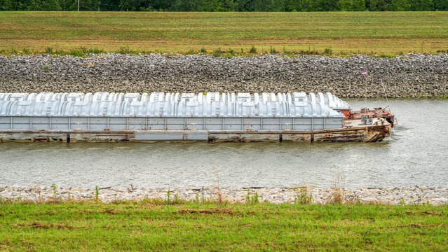 barge on the Chain of Rocks Canal of Mississippi River above St Louis