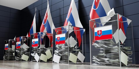 Slovakia - several ballot boxes and flags - voting, election concept - 3D illustration
