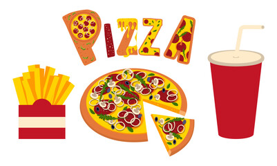 Fast food vector illustration. Pizza, french fries, a glass with a straw. Simple forms, minimalism.