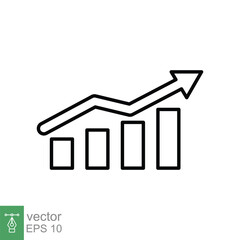 Profit growth icon. Simple outline style. Growing bars graphic with rising arrow, money gain, infographic, business concept. Thin line symbol. Vector illustration isolated on white background. EPS 10.