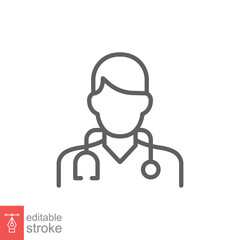 Male doctor icon. Simple outline style. Doctor with stethoscope, man, medic, healthcare, medical concept. Thin line symbol. Vector illustration isolated on white background. Editable stroke EPS 10.