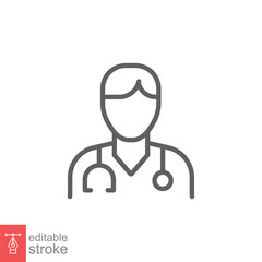 Male doctor icon. Simple outline style. Doctor with stethoscope, man, medic, healthcare, medical concept. Thin line symbol. Vector illustration isolated on white background. Editable stroke EPS 10.