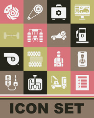 Set Car inspection, Online car services, Petrol or Gas station, Toolbox, wash, Chassis, brake disk with caliper and Auto check automotive icon. Vector