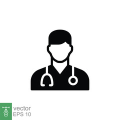 Male doctor icon. Simple solid style. Doctor with stethoscope, man, medic, healthcare, medical concept. Black silhouette, glyph symbol. Vector illustration isolated on white background. EPS 10.