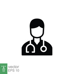 Male doctor icon. Simple solid style. Doctor with stethoscope, man, medic, healthcare, medical concept. Black silhouette, glyph symbol. Vector illustration isolated on white background. EPS 10.