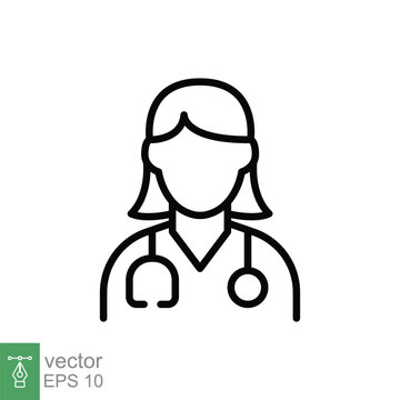 Female doctor icon. Simple outline style. Doctor with stethoscope, woman, medic, healthcare, medical concept. Thin line symbol. Vector illustration isolated on white background. EPS 10.