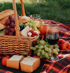 picnic basket with wine and fruits