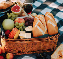 picnic basket with wine and fruits