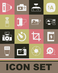 Set Photo camera, Battery for, retouching, Softbox light, Camera roll cartridge, Remote control, and icon. Vector