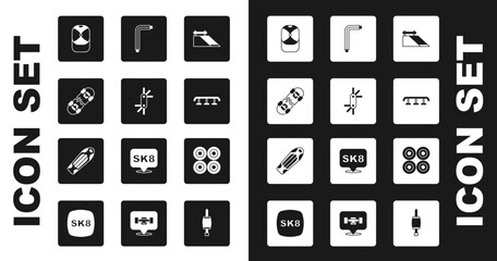 Set Skate park, Tool allen keys, Broken skateboard, Baseball cap, Skateboard stairs with rail, wheel and deck icon. Vector