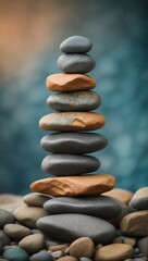 Stacked stones of different size kept in balance against an abstract blue filmy vintage colored background
