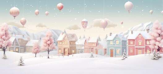 Enchanting pastel Christmas village in snow. Winter wonderland fantasy. Concept of holiday bliss.
