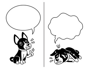Vector cartoon character basenji dog expressing different emotions with speech bubbles for design.