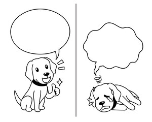 Vector cartoon character labrador retriever dog expressing different emotions with speech bubbles for design.