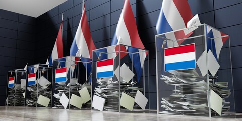 Netherlands - several ballot boxes and flags - voting, election concept - 3D illustration