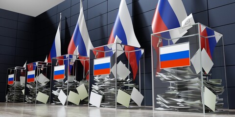 Russia - several ballot boxes and flags - voting, election concept - 3D illustration