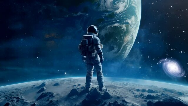 Astronaut on the moon with earth background space galaxy at night video 4k 