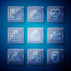 Set line Plane propeller, Suitcase, Airplane window, Box flying on parachute, Conveyor belt with suitcase, World travel map and takeoff icon. Vector