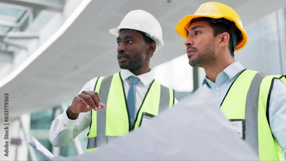 Poster People, engineering and planning with blueprint for building development, design ideas and collaboration or teamwork. Construction worker, builder or men with floor plan and architecture solution