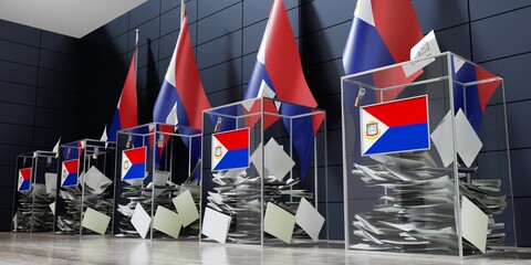 Sint Maarten - several ballot boxes and flags - voting, election concept - 3D illustration