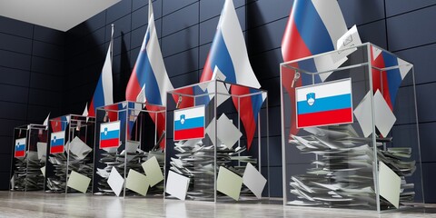 Slovenia - several ballot boxes and flags - voting, election concept - 3D illustration