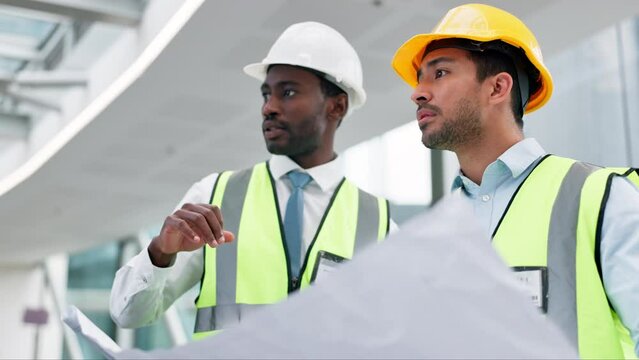 People, engineering and planning with blueprint for building development, design ideas and collaboration or teamwork. Construction worker, builder or men with floor plan and architecture solution
