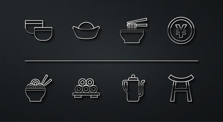 Set line Chinese tea ceremony, Asian noodles bowl, Yuan currency, Sushi cutting board, Japan Gate and icon. Vector