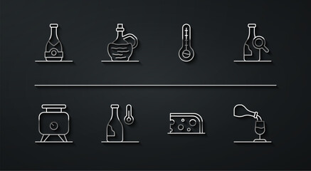 Set line Champagne bottle, Fermentation of grapes, Bottle wine, Cheese, Wine temperature, italian fiasco, tasting, degustation and Meteorology thermometer icon. Vector
