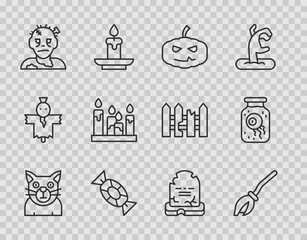 Set line Cat, Witches broom, Pumpkin, Candy, Zombie mask, Burning candle, Tombstone with RIP written and Eye jar icon. Vector