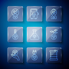 Set line Radioactive, Radiation electrical plug, waste in barrel, Nuclear bomb, Test tube radiation, Meteorology thermometer, and icon. Vector