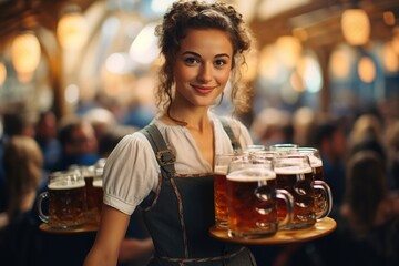 beautiful smiling Caucasian waitress woman in traditional Bavarian costume outfit, carrying many beers at Oktoberfest - festival tent background