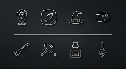 Set line Magic stone, Witches broom, Fireball, Bottle with potion, Crossed medieval sword, and hat icon. Vector