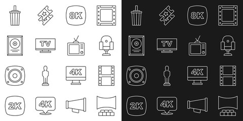 Set line Cinema auditorium with screen, Play video, Director movie chair, 8k Ultra HD, Smart Tv, CD disk award frame, Paper glass water and Retro tv icon. Vector