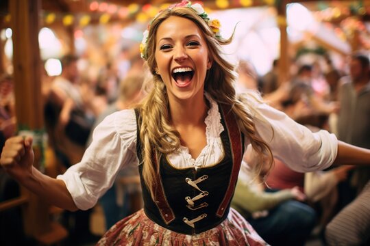 dynamic beautiful laughing Caucasian woman dancing and cheering at Oktoberfest pub party wearing traditional Bavarian costume outfit