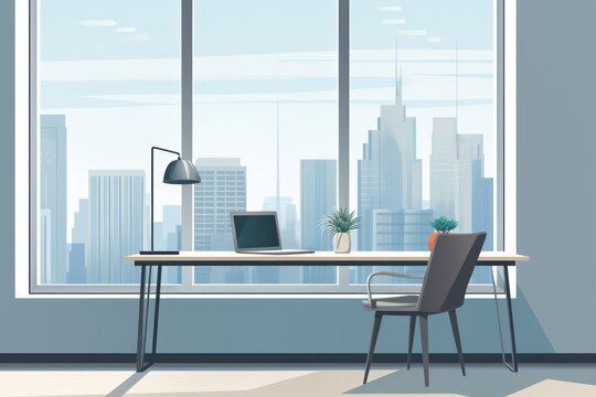 Modern office interior with cityscape backdrop. Business concept