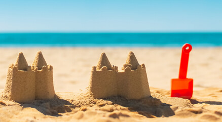 cute castle made of sand by children with shovels on a beautiful beach HD