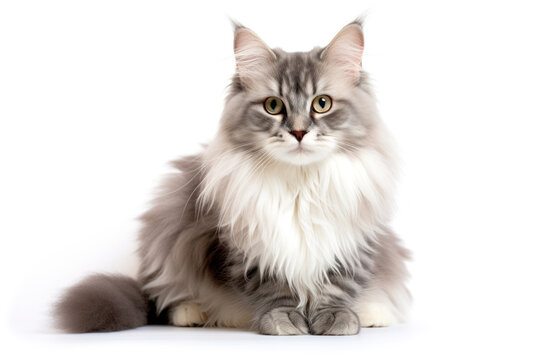 Beautiful long fur grey cat sitting on white background studio shot. Fluffy pet animal concept