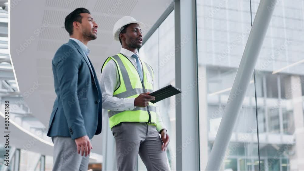 Aufkleber Tablet, collaboration or construction with an engineer and architect in a building for planning a development project. Technology, vision or teamwork with a manager and designer talking maintenance