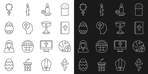 Set line Christian cross, with globe, Holy bible book, Burning candle in candlestick, Priest, Easter egg, Rosary beads religion and chalice icon. Vector