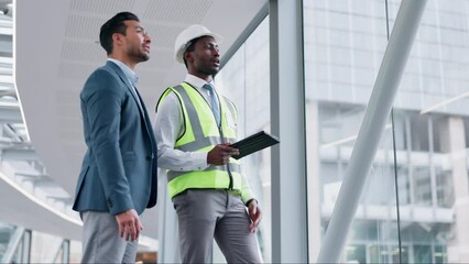 Tablet, collaboration or construction with an engineer and architect in a building for planning a development project. Technology, vision or teamwork with a manager and designer talking maintenance