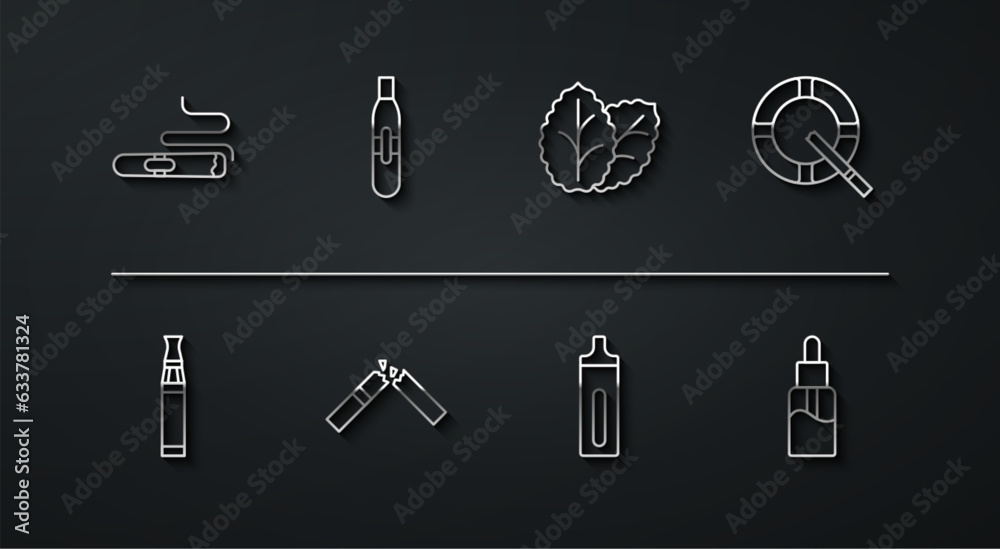 Sticker Set line Cigar, Electronic cigarette, Ashtray with, Broken, Vape liquid bottle and Tobacco leaf icon. Vector