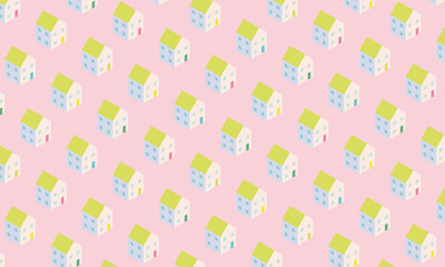  illustration pastel green roof and 5windows house pattern on pink back
