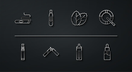 Set line Cigar, Electronic cigarette, Ashtray with, Broken, Vape liquid bottle and Tobacco leaf icon. Vector