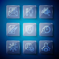 Set line Multitasking manager working, Worker, Productive human, Magnifying glass for search job, User protection, Resume, Search and time icon. Vector