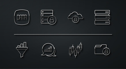 Set line Data analysis, Sales funnel with chart, Server, Browser stocks market, Pie infographic, security padlock, Folder and and Cloud computing icon. Vector